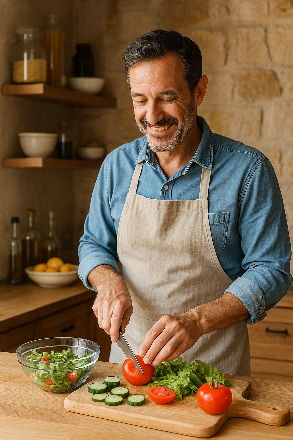 Especialista preparando ensalada mediterránea