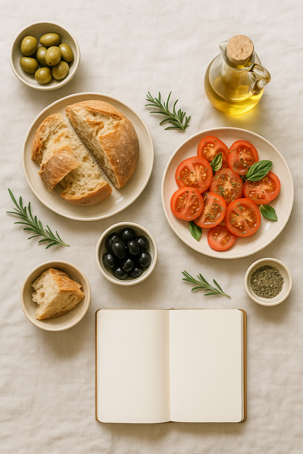 Mesa mediterránea con pan, tomates y aceite de oliva
